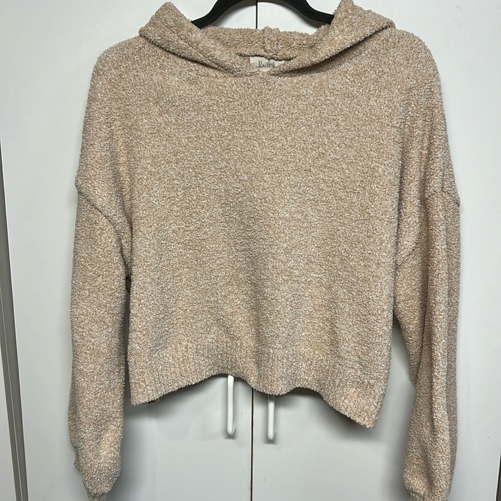 Kaisley Beige Fuzzy Sherpa Hooded Pullover Sweater M